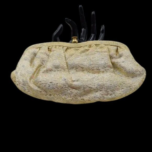 MCM Vintage Brocade Clutch Evening Bag Gold Pink BluePurse